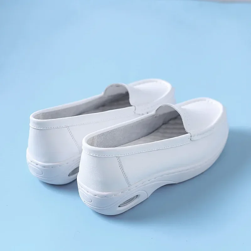 Women's Leather Hospital Work Shoes Breathable Feet Flat Wedge Comfortable Soft Sole White Thick Sole Air Cushion Nurse Shoes