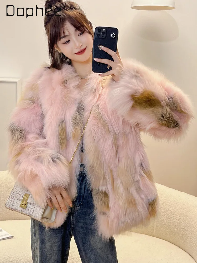 Zimowy Nowy Elegancki Płaszcz z Sztucznego Futra Lisa dla Socjeta Damska Moda Luźny Wąski Krótki Gruby Pluszowy Płaszcz Koreański Modny Płaszcz Patchworkowy