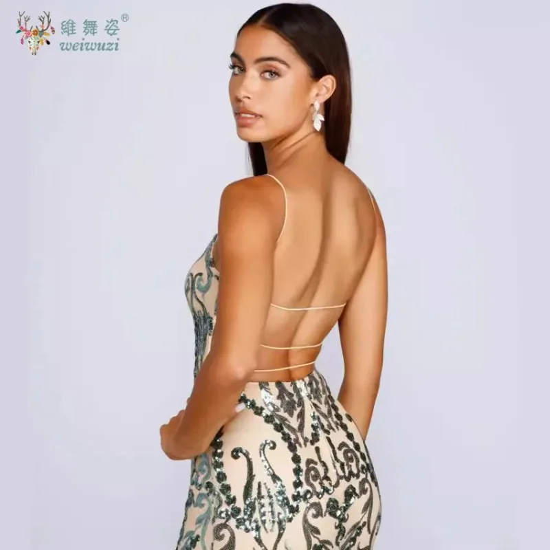 Women Elegant Backless Spaghetti Strap Bodycon Fishtail Skirt Handmade Bead Embroidery Sequin Party Prom Long Evening Dress