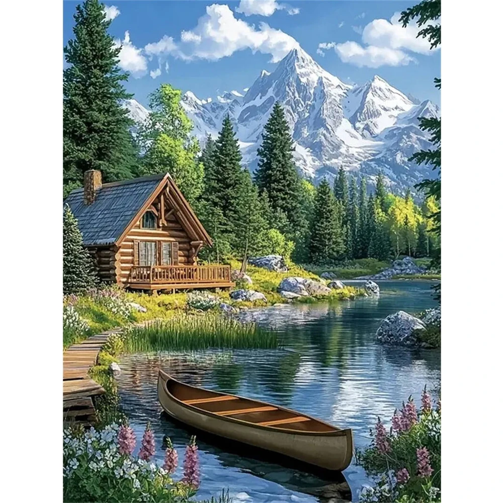 Diamant-Mosaik-Schiff, geeignet für Anfänger, Berg, Diamant-Malerei, Haus, Landschaft, DIY-Set, Stickerei, Fluss, Wanddekoration