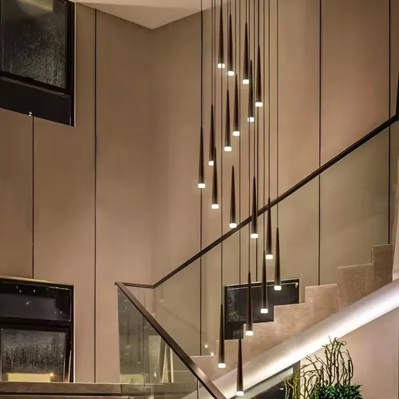 Modern Black Cone Tube Chandeliers Dining Room Island Long LED Pendant Lamp Rotating Staircase Restaurant Kitchen Coffee Lights