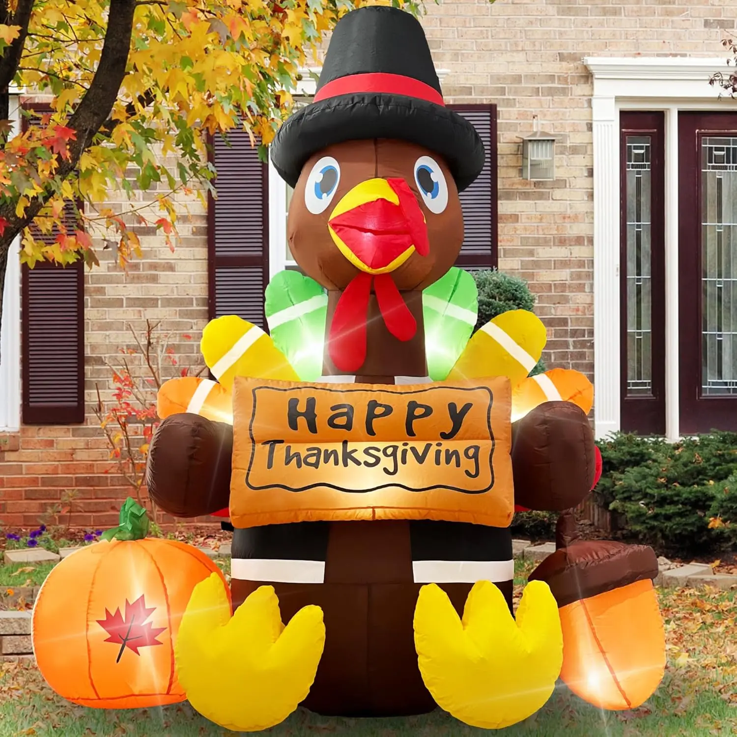 6FT Inflatable Turkey Thanksgiving Yard Decoration with LED Lights | Giant Funny Inflatables Blow Up Turkey Decor with Pilgrim H
