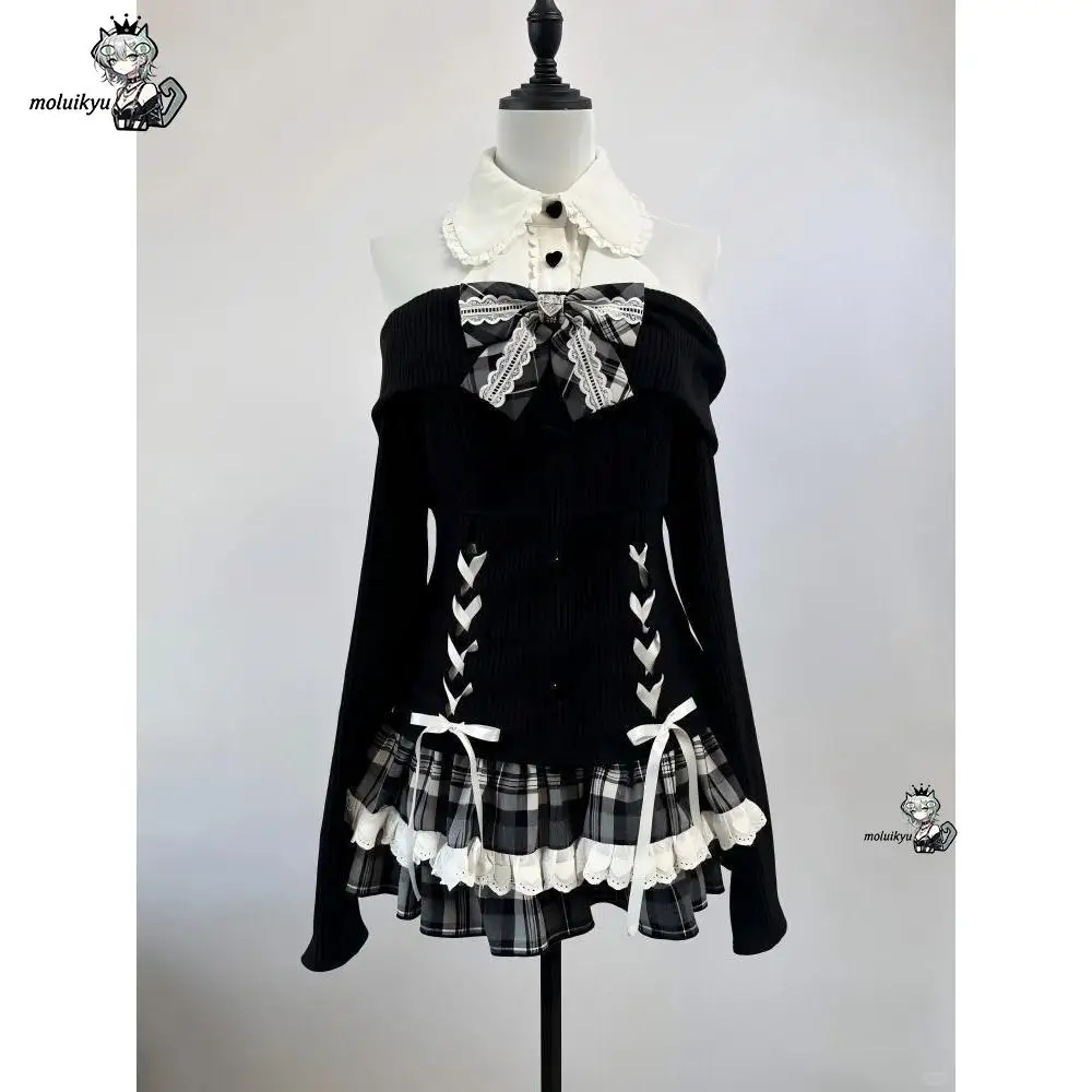 2Pcs Black Ribbed Off Shoulder Bow Top White Lace Collar Shrug Plaid Ruffle Mini Skirt Set Gothic Y2K Kawaii Women Party Dress
