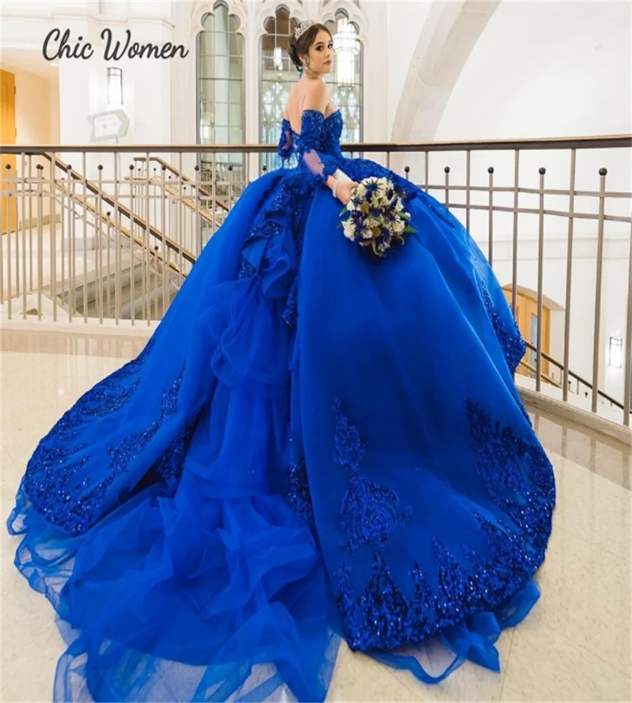 Vestidos de quinceañera con lentejuelas de color azul real, vestido de fiesta con cordones y purpurina brillante, fiesta de cumpleaños de Cenicienta y dieciséis personalizada