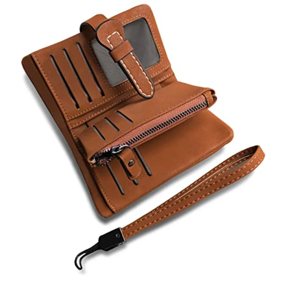 

Женский кожаный кошелек-портмоне малого размера с защитой от RFID, наручный кошелек для дам с держателем для карт, окошком для удостоверения личности и отделением для монет