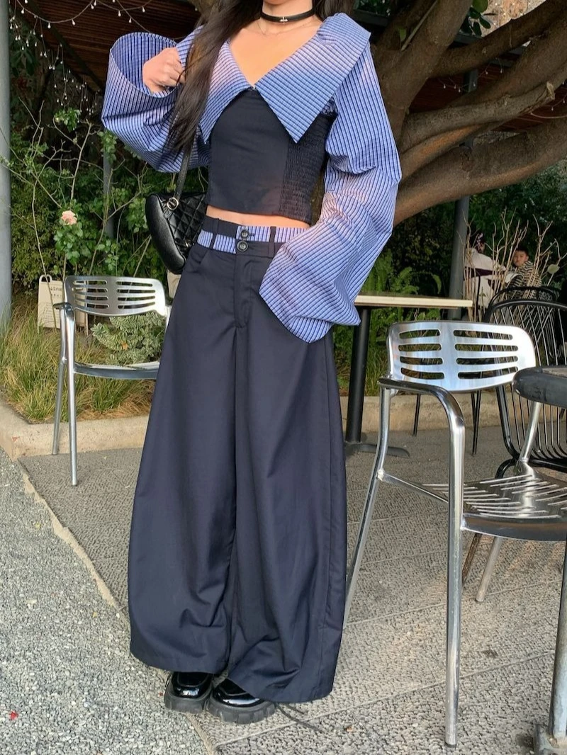 

Полосатая блузка с открытыми плечами и длинными рукавами и широкие брюки в стиле пэчворк, комплект из 2 предметов, летний/весенний модный уличный наряд для женщин