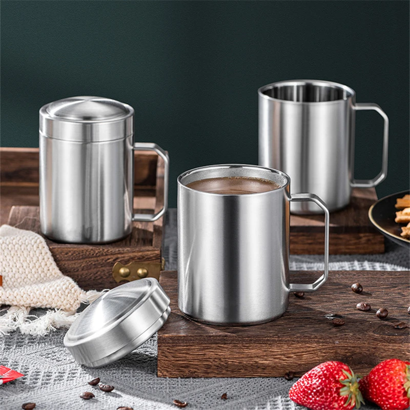 

304 Stainless Steel Metal Beer Mugs with Lid Insulated Thermal Coffee Milk Tumbler Double Bottom Mug Outdoor Travel Camping Cups