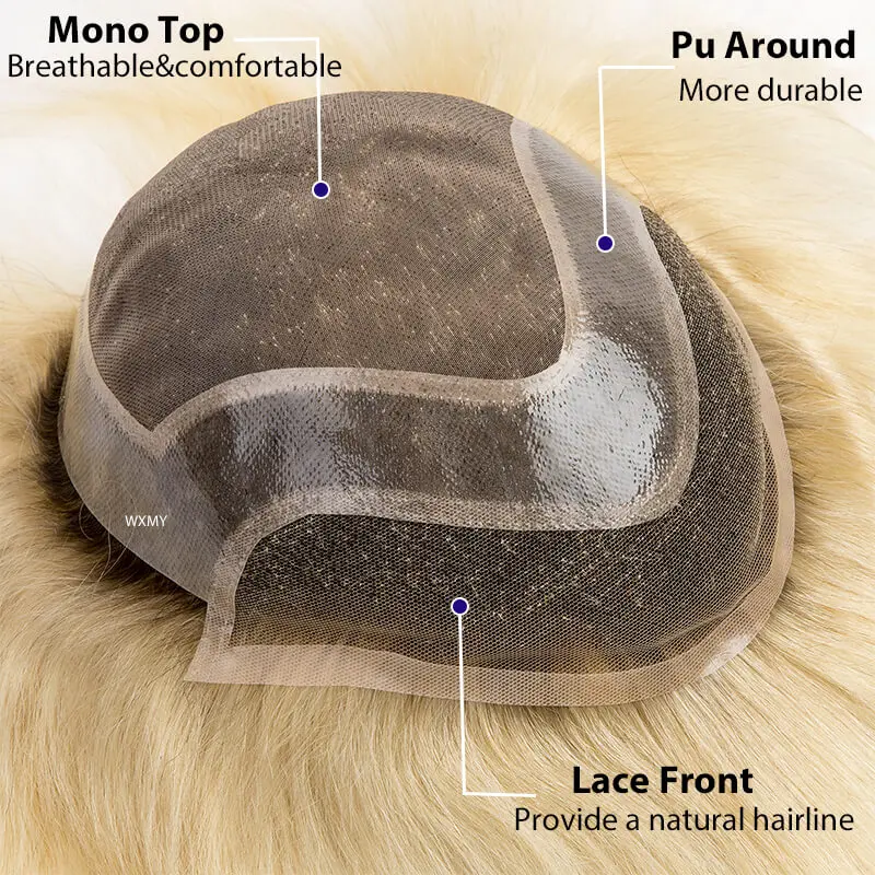 Mono Top Pu Around And Lace Front Male Hair Prosthesis Natural Hairline Toupee Men's Capillary Prothesis 6