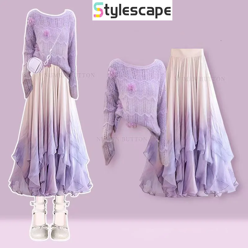 

Autumn Set of Gentle and Stylish Women's Soft and Sticky Knitted Sweater Paired with Tie Dye Slimming Half Skirt Two-piece Set