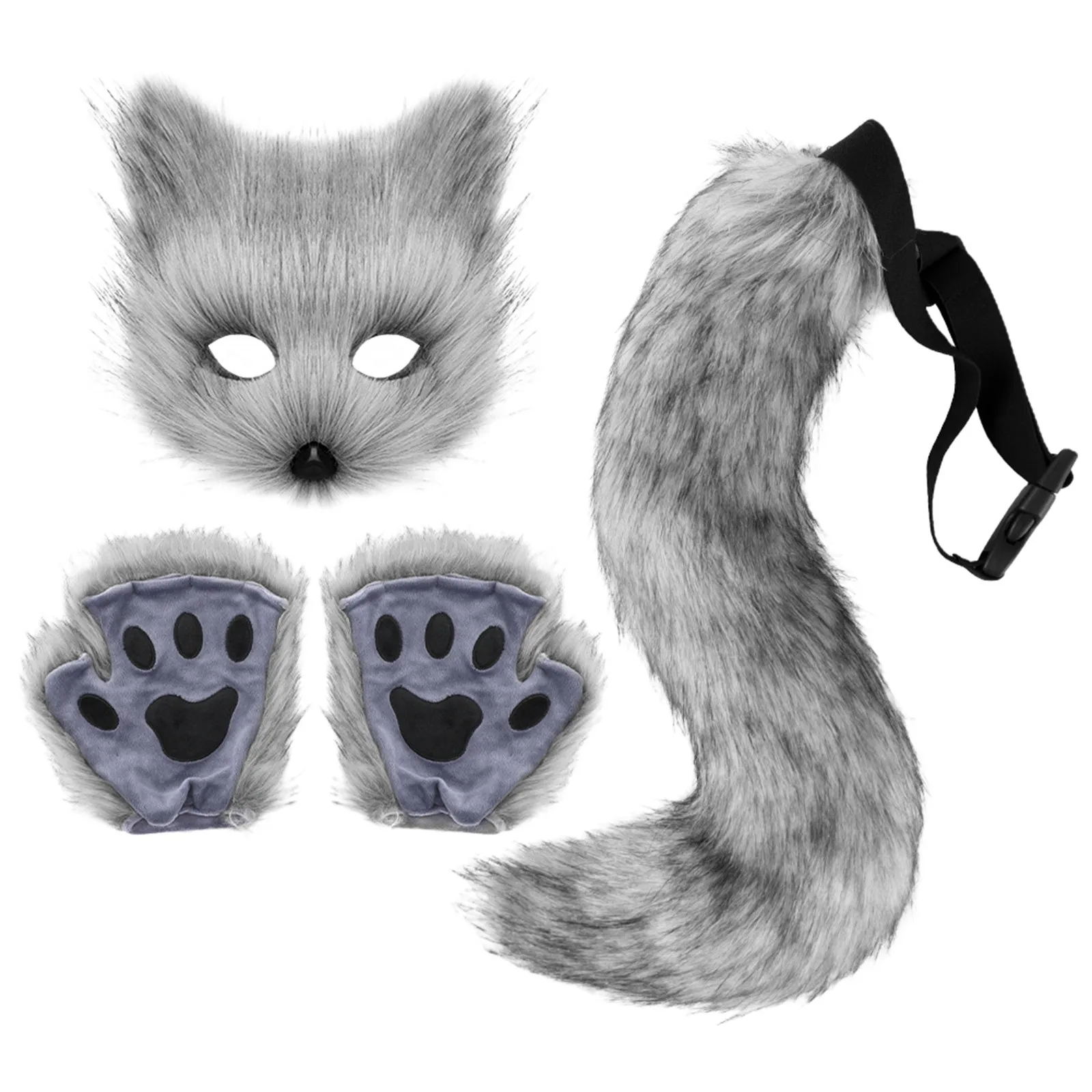 Porte-clés Queue de Renard en Fourrure Moelleuse, Gants de Pattes de Chat et Masque Therian de Loup, Accessoires de Costume de Cosplay d'Halloween