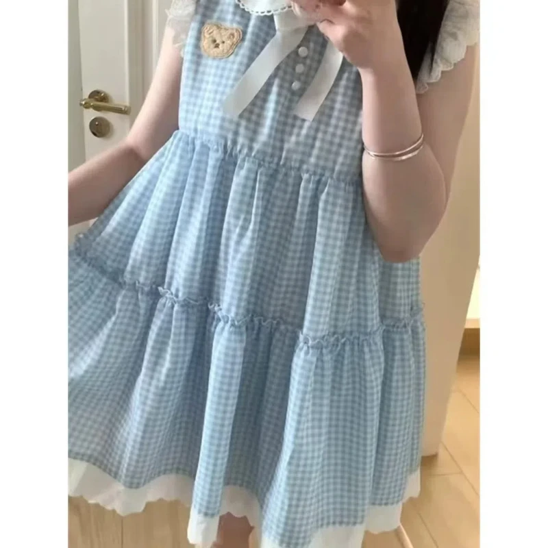 Japanese Fresh Doll Neck Summer 2024 Women\'s New Spliced Button Bow Embroidered Plaid Fashion Elegant Loose Sleeveless Dresses