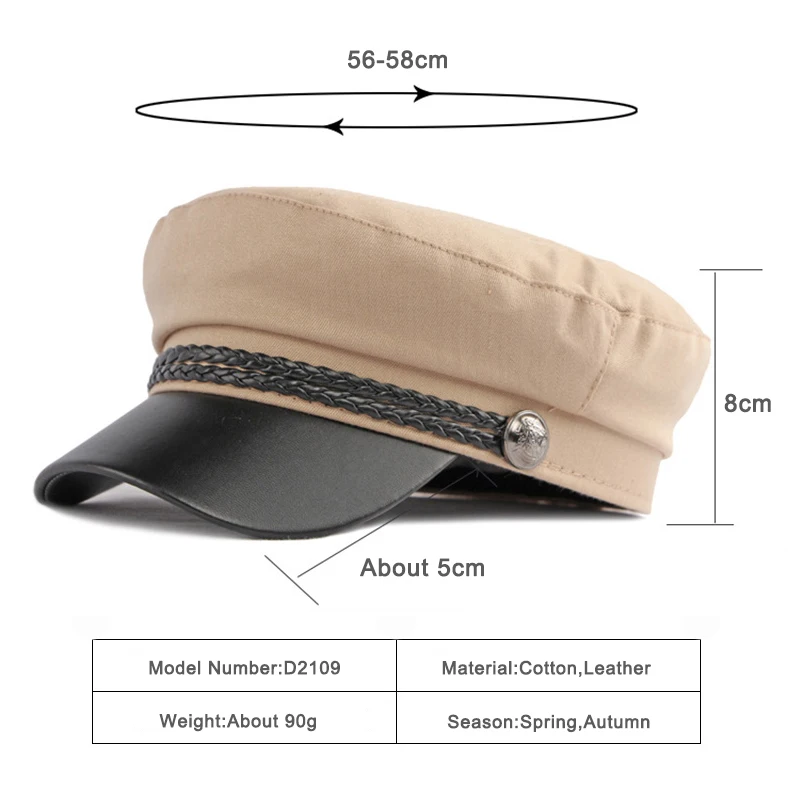 Casual Women\'s Hats Flat Top Cap Female Spring Autumn PU Leather Brim Ladies Captain Cap Travel Student Sailor Hat Fitted