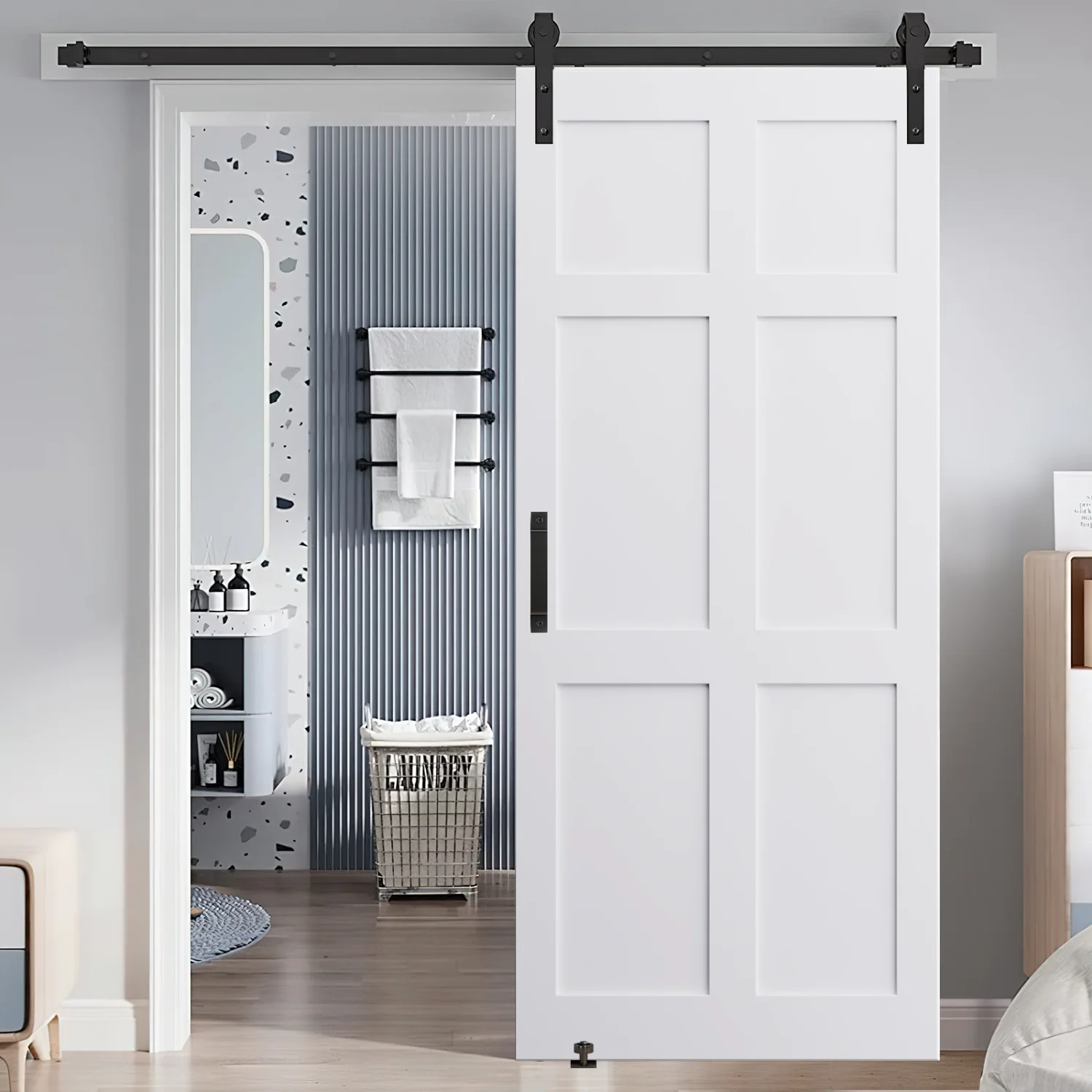 

CRAZY ELF 28" x 80" Six Paneled Real Primed Door Slab + 6.6FT Barn Door Sliding Hardware + Adjustable Floor Guider + Pull Handle