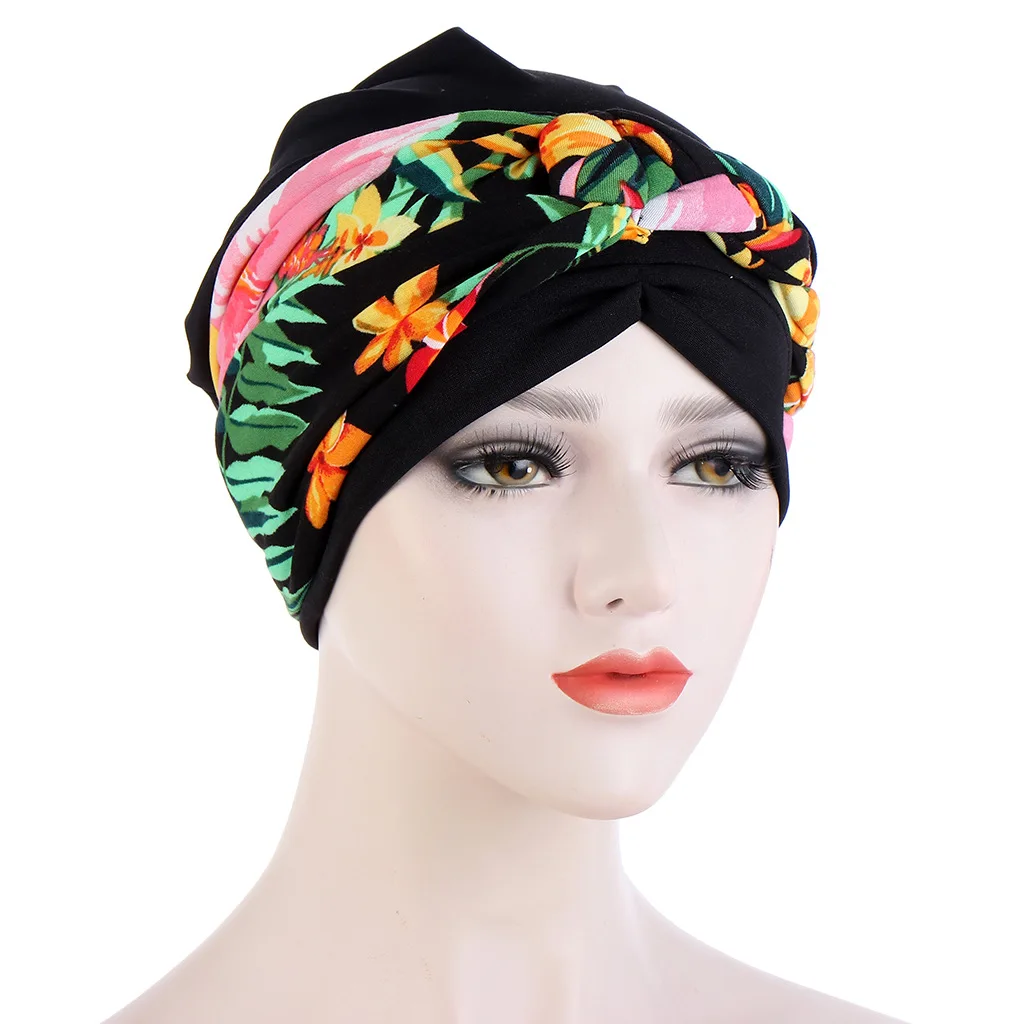 Women Muslim Flower Print Braid Bonnet Hat Hair Loss Head Wrap Hijab Cancer Cap Turban Headscarf Arab Cover