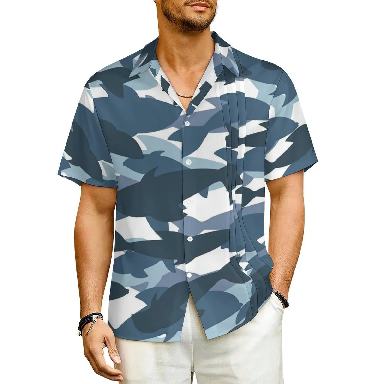 Hawaiian Shirt Beach Shark Art Blouses Camouflage Sharks Trendy Casual Shirts Men Short-Sleeved Harajuku Oversize Clothing