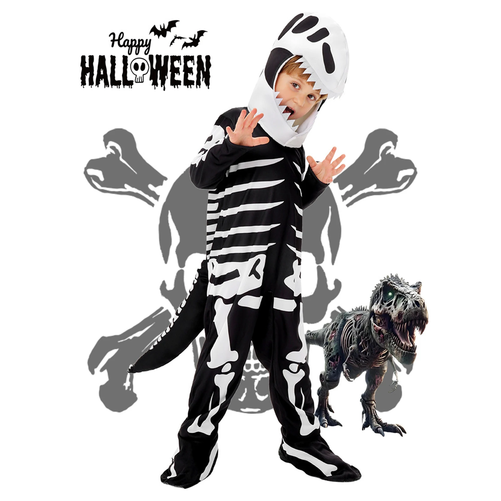 

Kid Halloween Costumes Skeleton Dinosaur Long Sleeve Jumpsuit and Headwear Set Cosplay Clothes for Party Stage