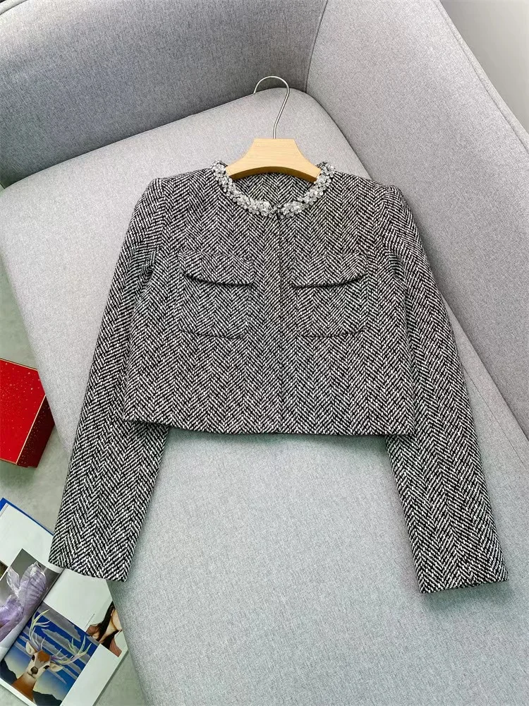 Chic Rhinestone Decoration Tweed Set Women Elegant O Neck Long Sleeve Jacket Coat or A-Line Mini Skirt Temperament Ladies Suit