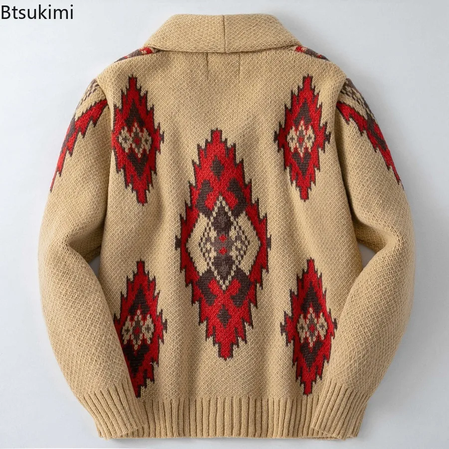 الراقية محبوك البلوزات للرجال الخريف الشتاء الرجعية الجاكار سترة طويلة الأكمام محبوك معطف شتاء معاطف ملابس رجالية جديدة #4