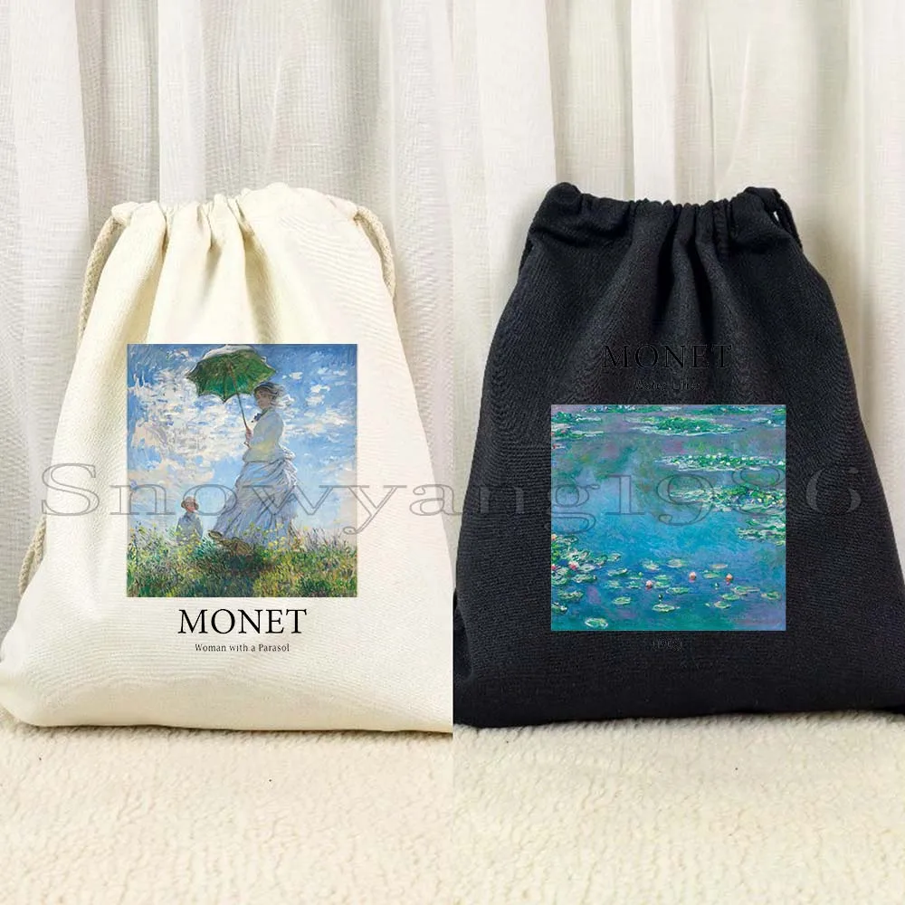 

Claude Monet Water Lilies Garden Landscape Painting Gifts Canvas Drawstring Backpack Sports Gym Sackpack String Bags for Running