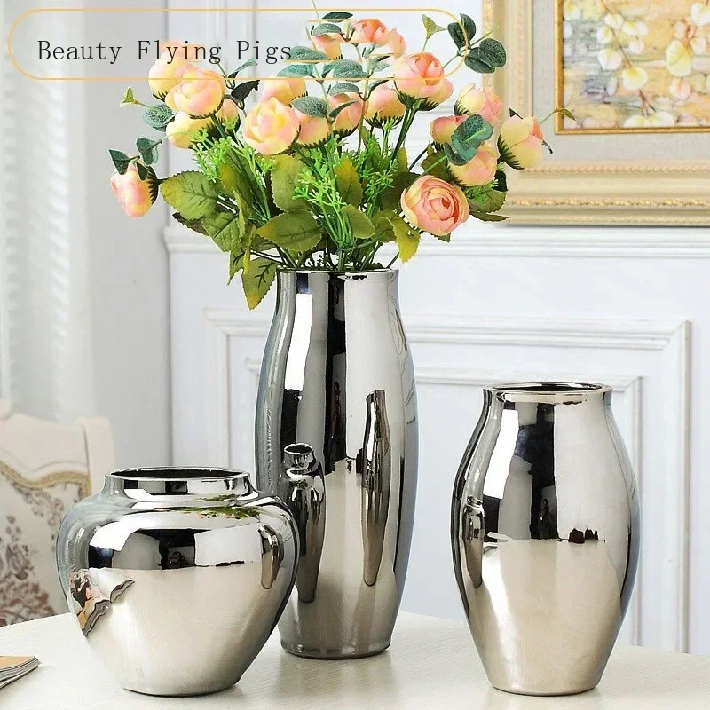 Home living room TV cabinet wine cabinet decoration ornaments simple fashion soft work art ceramic gold-plated silver vase