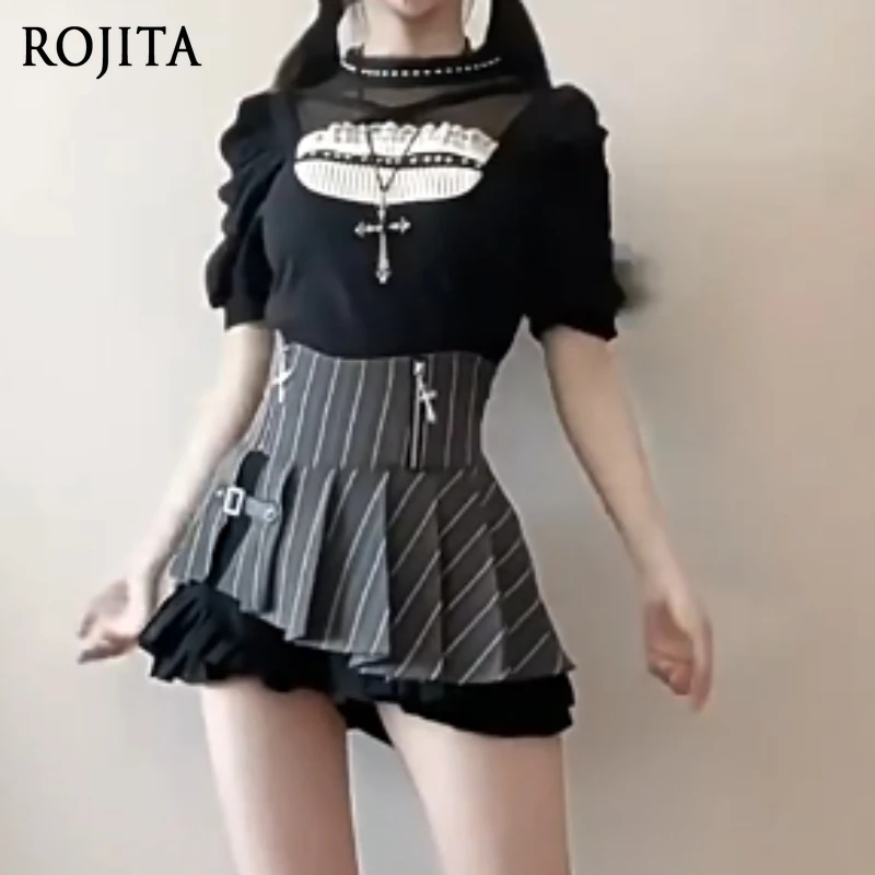 

Short-sleeved Top Metal Zipper Waist Skirt Y2K Punk Style Outfit Short Puff Sleeve Cut-Out Top + Asymmetrical Mini Skirt
