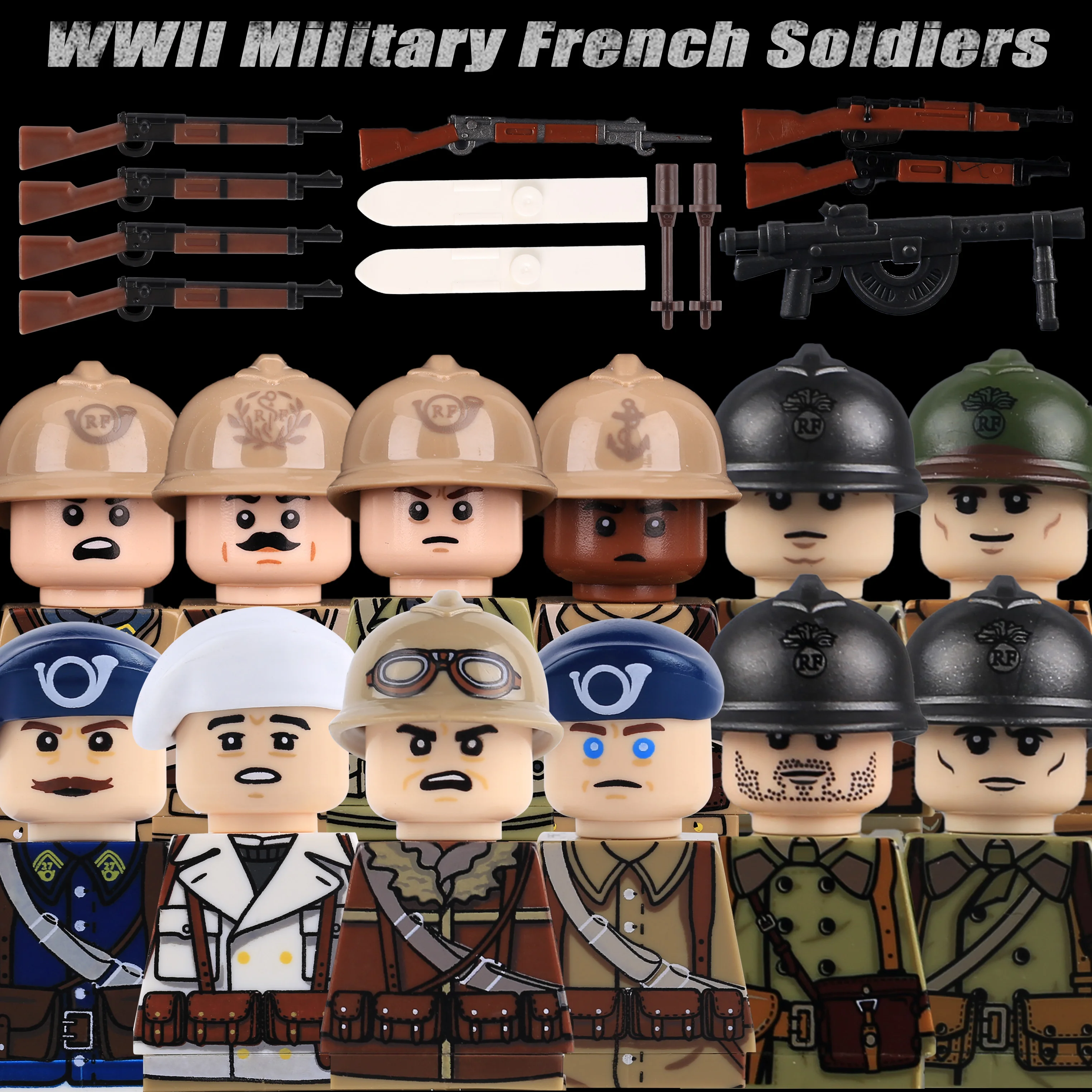 MOC WW2 French Infantry Soldiers Figures Building Blocks Weapons Army Gun Helmets Cap Alpine Ski Scout Bricks Toys Kids Gift