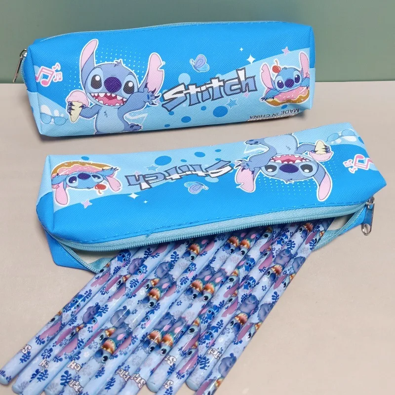 New Disney Stitch PU Leather Pen Bag Anime Children's Study Supplies Storage Box Single Layer Cartoon Stationery Bag for Student