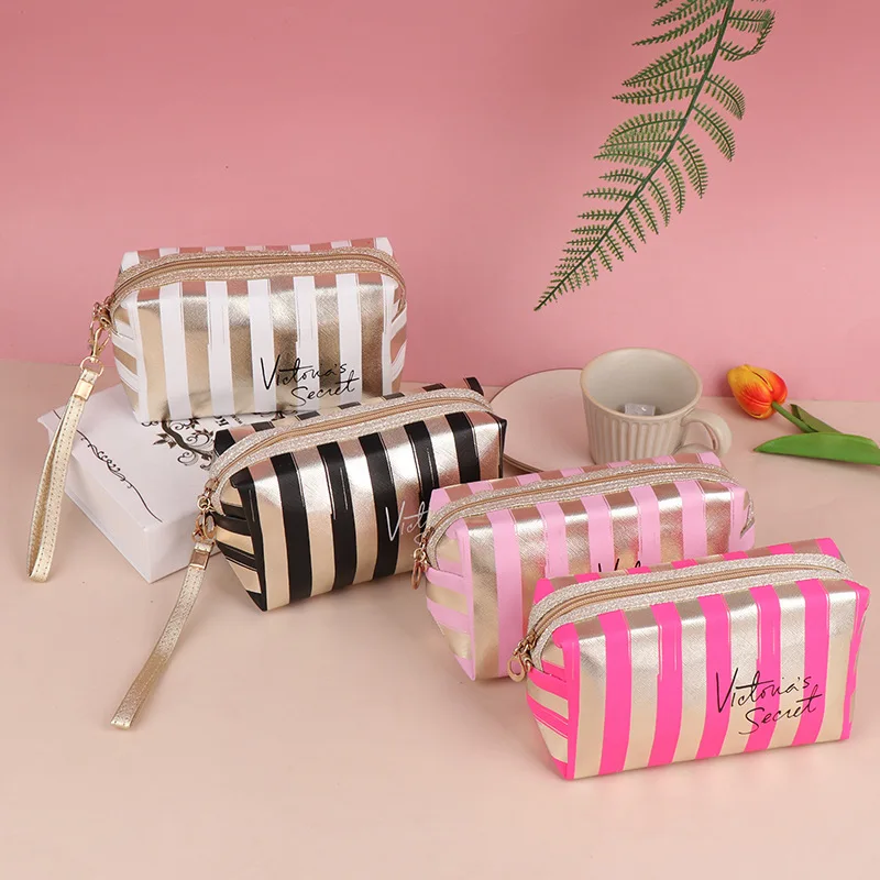 Stripe Makeup Comestic Case Clutch Pouch PU Laser Octagonal Storage Bag Women Handbag Portable Toiletry Travel Organizer