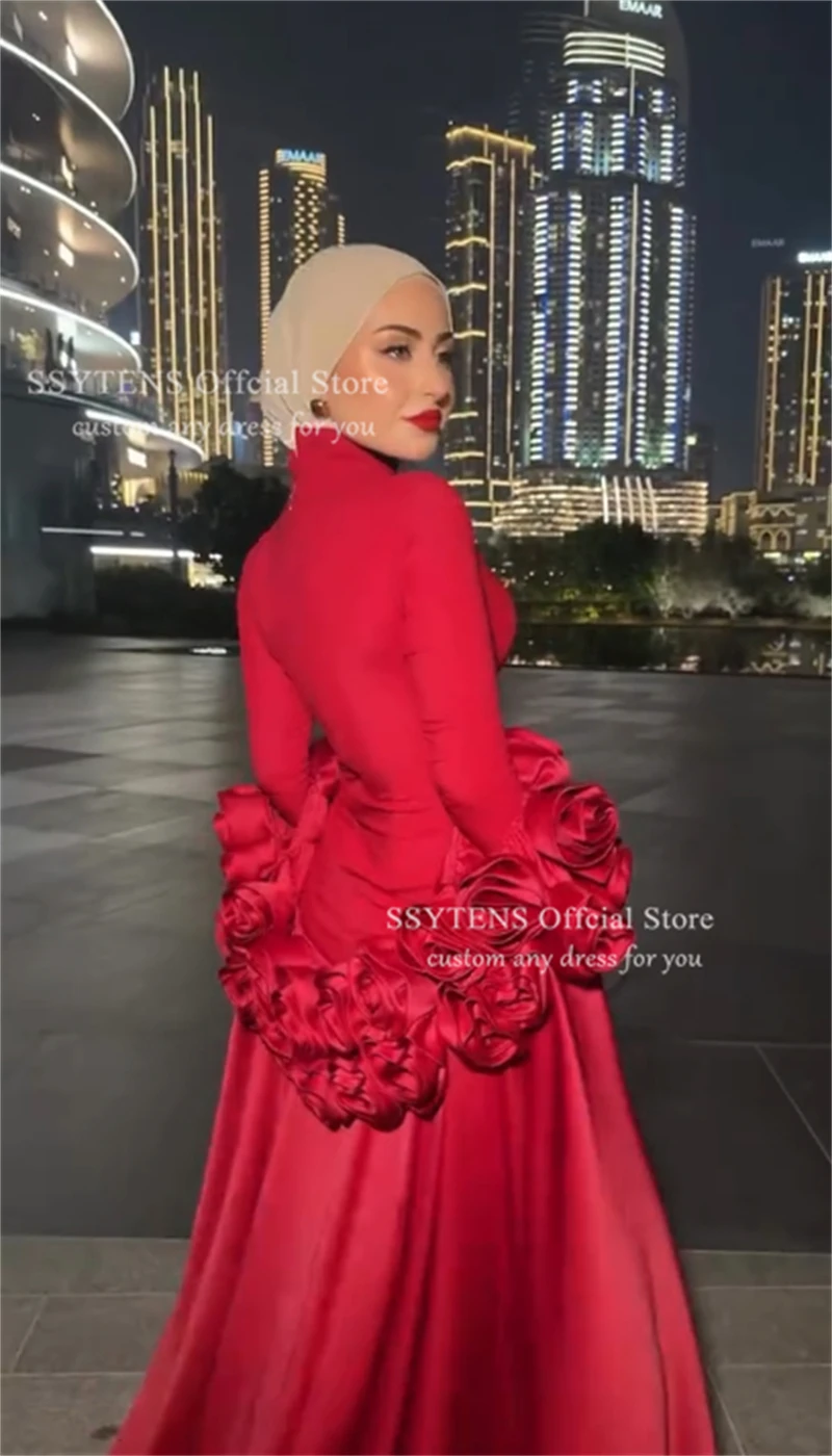 SSYTENS 럭셔리 레드 롱 이브닝 드레스 3D 꽃 케이프 사우디 아라비아 댄스 파티 드레스 공식 행사 댄스 파티 드레스 여성 맞춤형