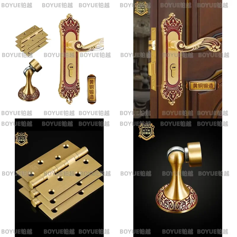 European Style Rose Gold Solid Wood Door Lock Set with Brass Hinge and Door Stopper Three Piece Hardware Kit for Indoor Room