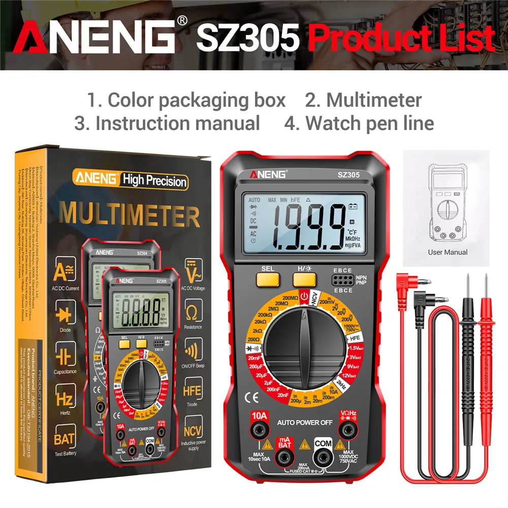 ANENG SZ305 Digitale Multimeter Professionele AC/DC Spanning Ampèremeter Condensator hFE Triode NCV Spanning Inductie Elektricien Tester - afbeelding 1