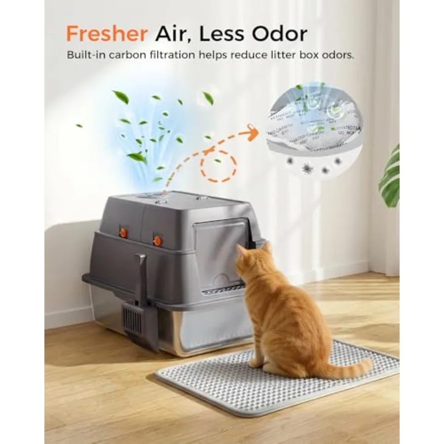 XXL Stainless Steel Cat Litter Box with Lid High Sided Enclosed Covered Litterbox Activated Carbon Odor Control Extra Large Met view 4