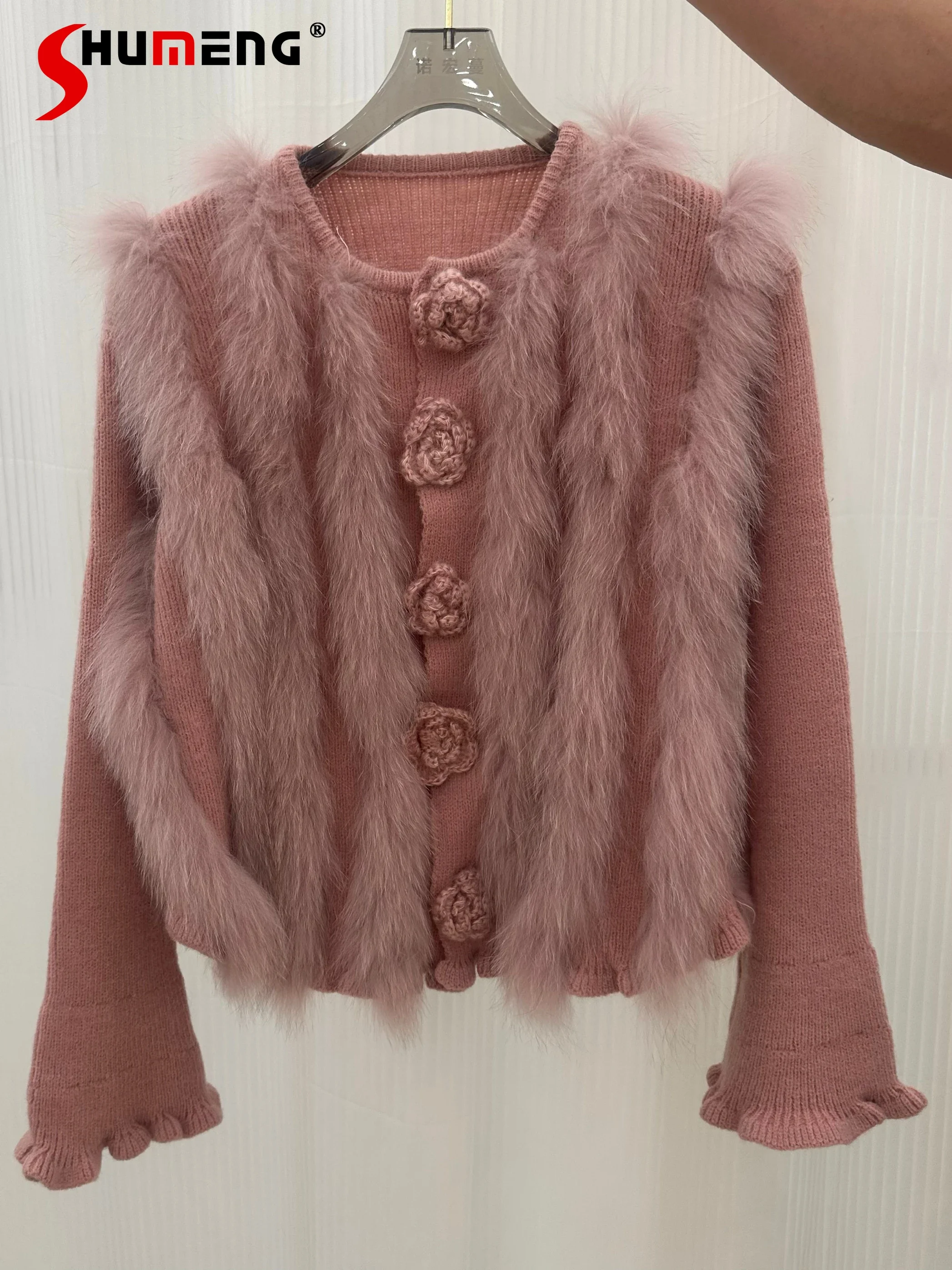 

Fashion Three-dimensional Flower Real Fox Hair Sweaters Knitted Cardigan Women's 2024 Autumn Winter Thin Flared Sleeve Fur Tops