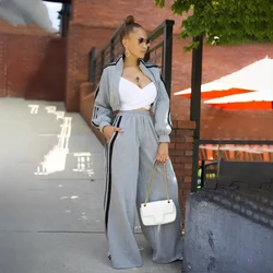 Side Striped Casual Tracksuits Set Women Two Piece Set Sportwear Joggers Long Sleeve Zipper Jacket Top and Wide Leg Pants Suit