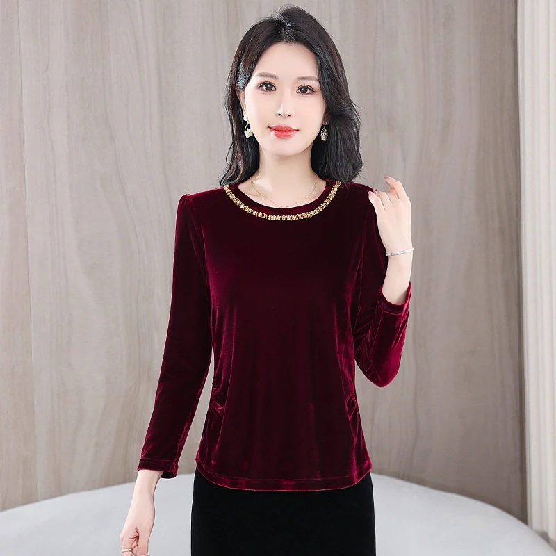 

Autumn New Sle Large Size Velvet Anti-Aging Base irt Women Loose Faionable round Ne Buttoned Gold Velvet Inner irt Top