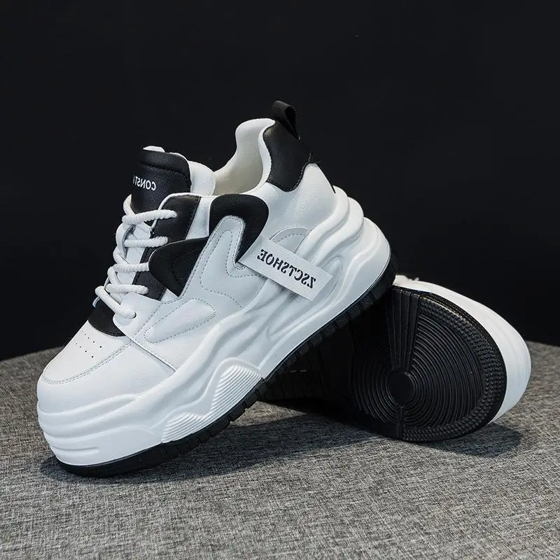 

Casual Classic Thick Bottom Leather Sneakers Versatile Everyday Shoes round Toe Flat Heel PU Sole Color Block Design Fashionable