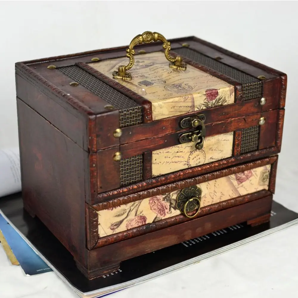 

Intricate Carved Retro Distressed Storage Box Vintage Creative Wooden Treasure Box Multifunctional Antique Design Jewelry Box