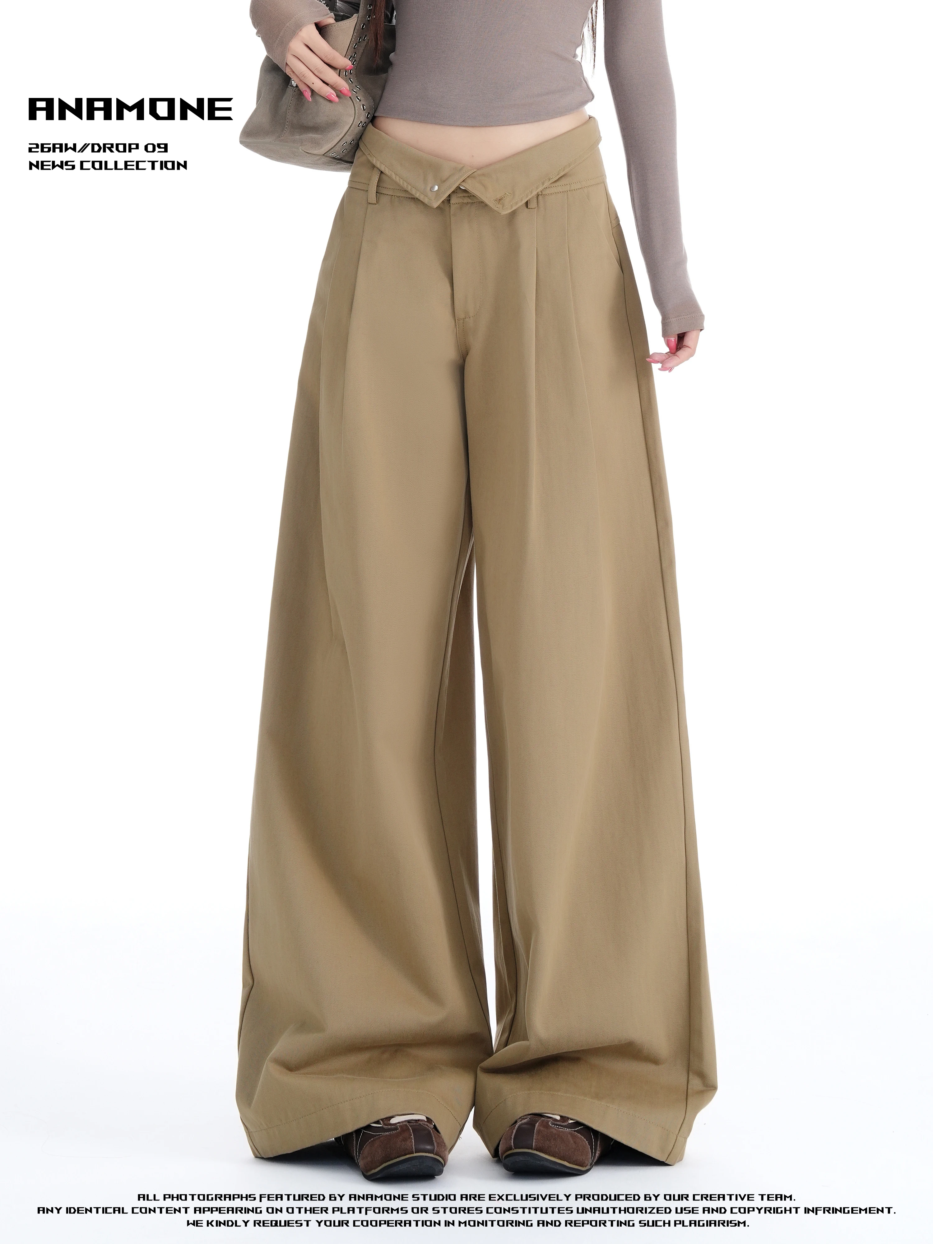 ANAMONE Khaki High Waist Cuffed Denim Pants Women's Autumn Winter Pleated Loose Drapey Wide Leg Pants Casual High Waist