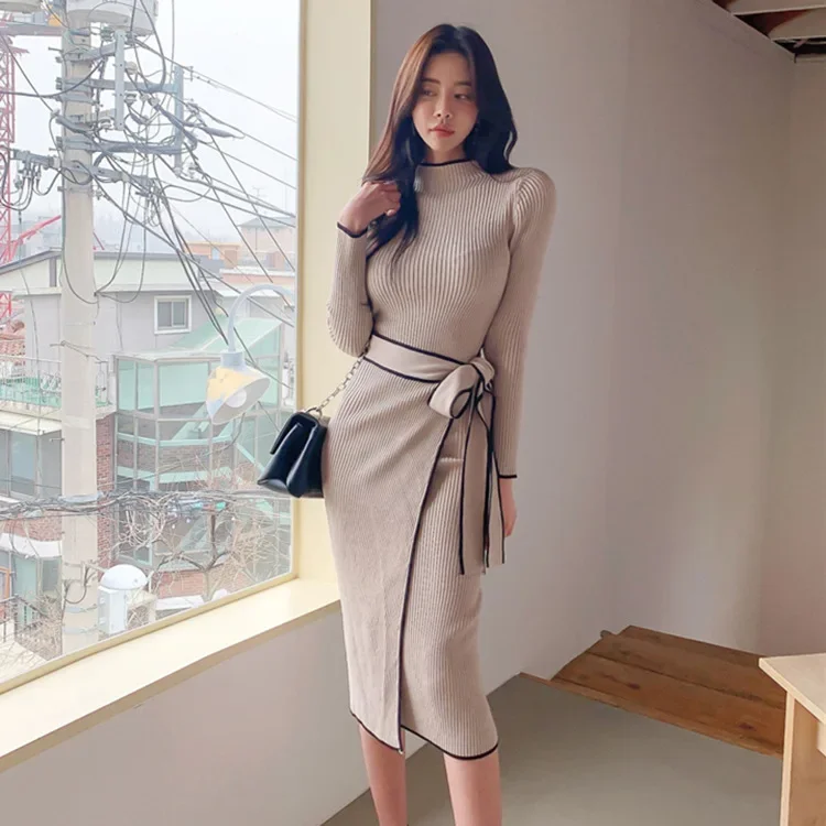 

Korean Vintage Women Knit Dress Autumn Winter Slim Lace-Up Sweater Skirt Elegant Fashion Office Female Vestidos Y2k Dress