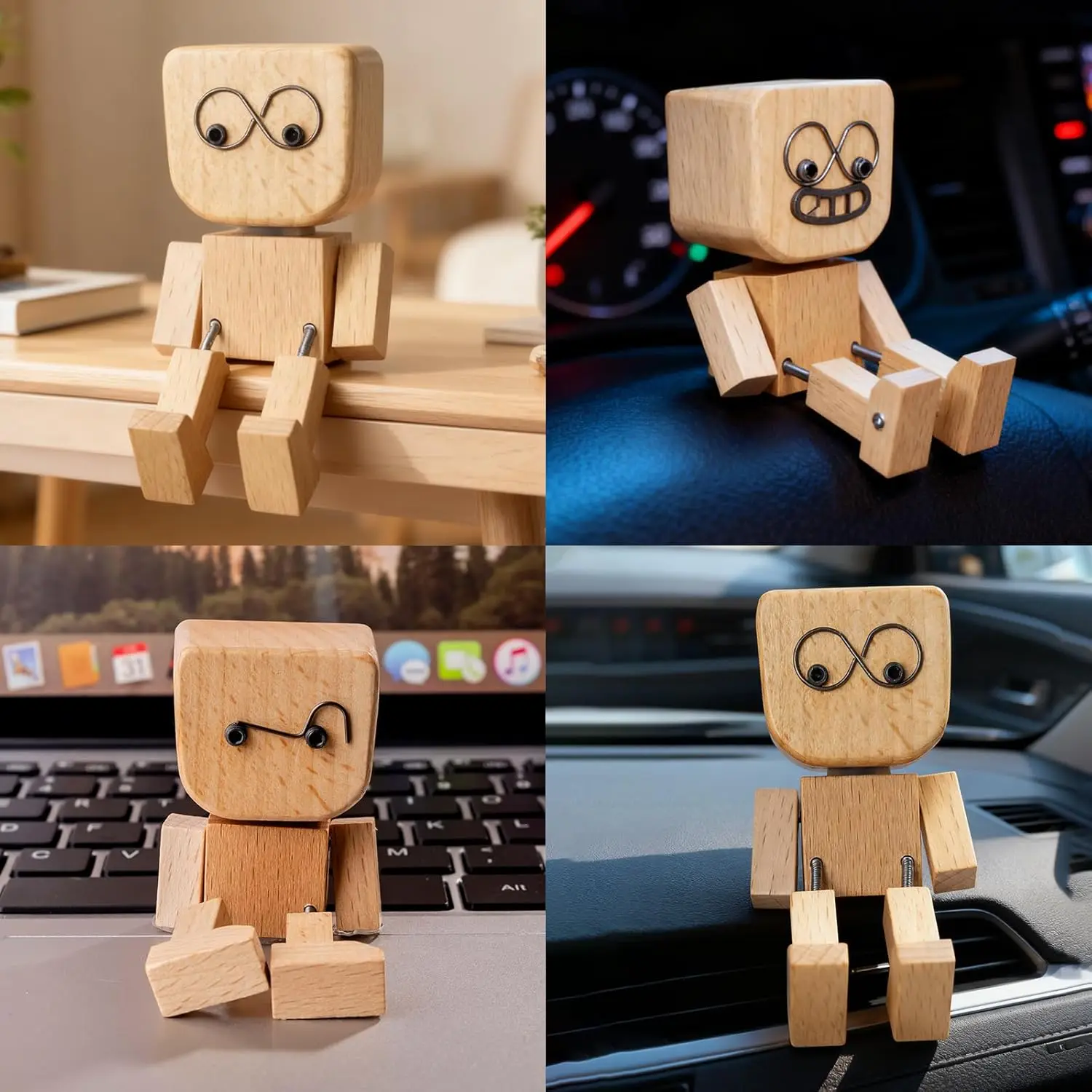 Shaking Wooden Man Figurine with 12 Magnetic Expressions-Handmade Wobbly Figure for Dashboard Decor for Men's Car Ornaments