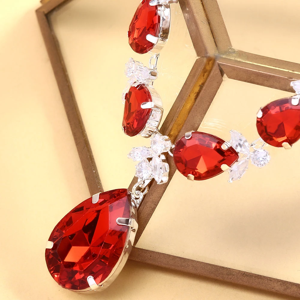 Stonefans New Red Water Drop Necklace Earrings Set Wedding Accessories Luxury Dubai Bridal Leaf Zircon Jewelry Sets for Women