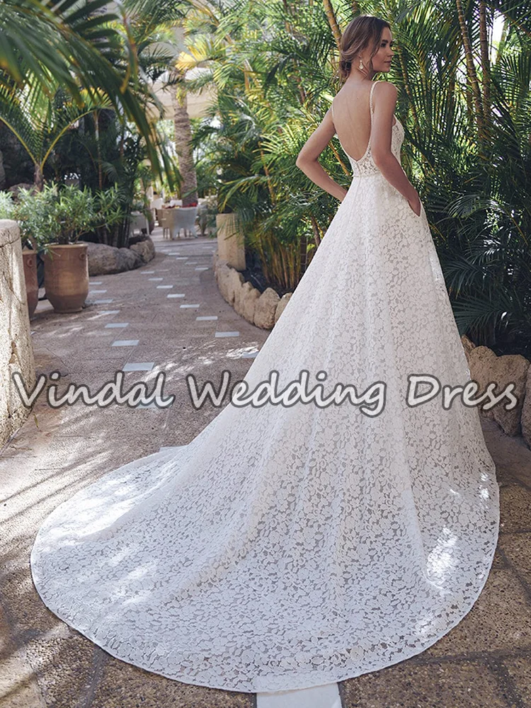 Suknia ślubna Vindal Boho, linia A, cała z koronki, 2026, seksowne ramiączka spaghetti, suknia ślubna z wysokim rozcięciem, Vestido De Noiva, możliwość personalizacji.
