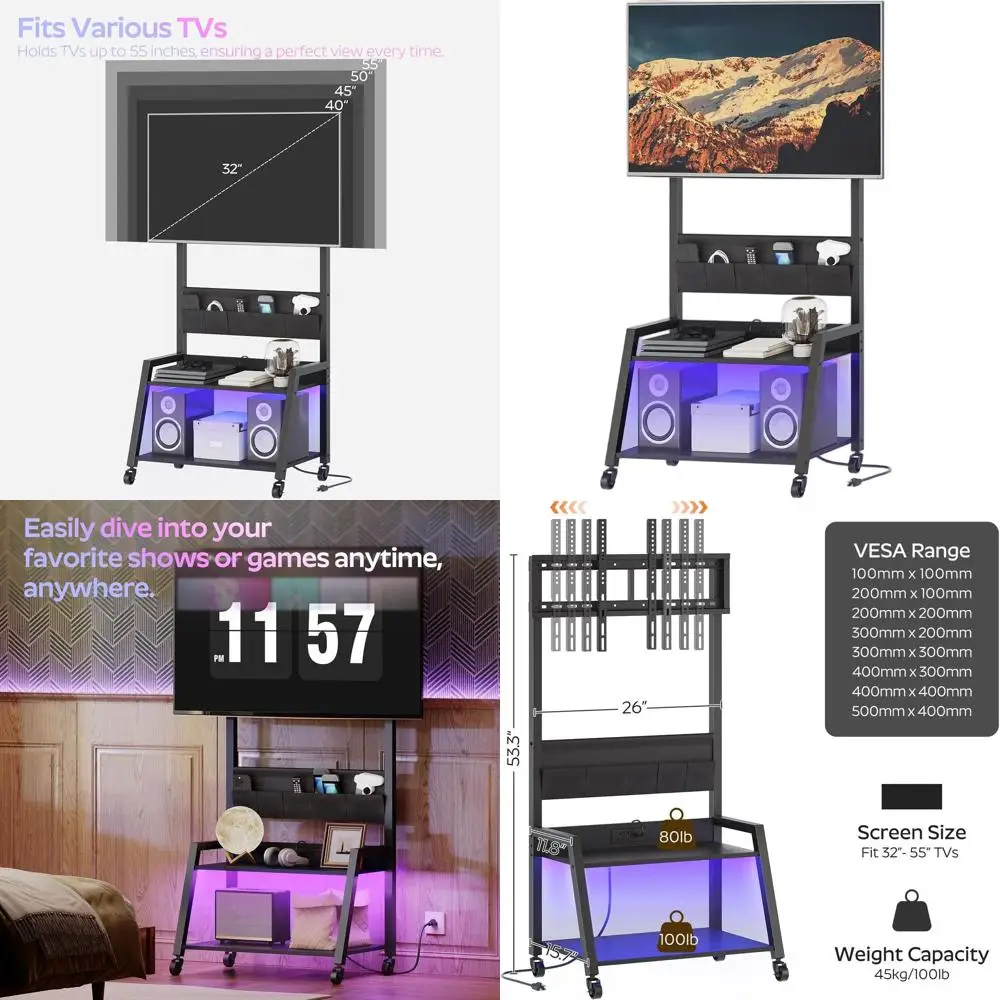 

Rolling TV Stand with Power Outlet, Mobile TV Stand with LED Light Up to 55" TVs, TV Cart with Mount, 5 Oxford Fabric Pouches, f