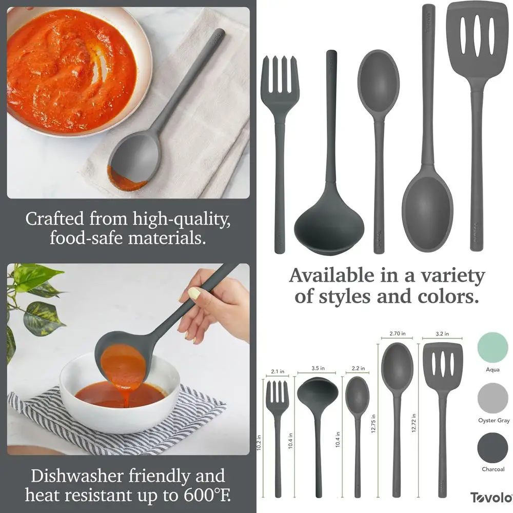 

5-Piece Silicone Cooking Utensil Set: Slotted Turner, Spatula, Spoon, Fork, Ladle - Charcoal Gray, Heat Resistant, Dishwasher Sa