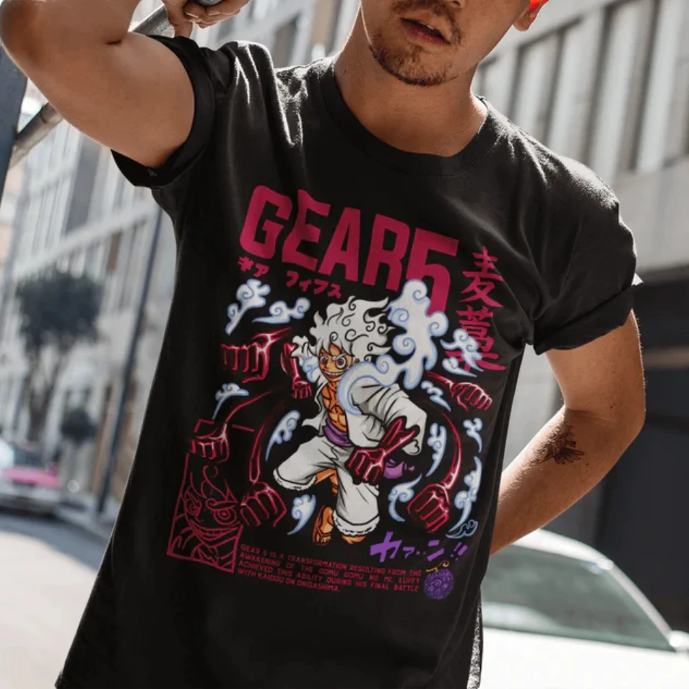 

Цельная черная футболка для мужчин и женщин, лето 2025, хлопок, с коротким рукавом, шестерня 5, Луффи Ника, форма, белые волосы, розовое пламя, синий, белый