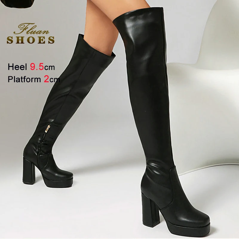 

Autumn Winter Black Women Over-the Knee High Boots Square Toe Thick High Heels 9.5cm Platform 2cm Side Zipper Ladies Long Boots