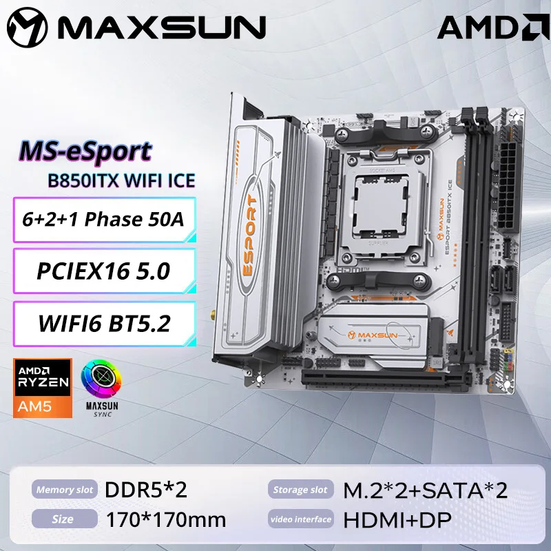 

MAXSUN World Premiere eSport B850ITX WIFI ICE Материнская плата AMD Ryzen AM5 B850MITX Поддержка DDR5 Pcie5.0 2 * M.2 Pcie4.0 ARGB WIFI6