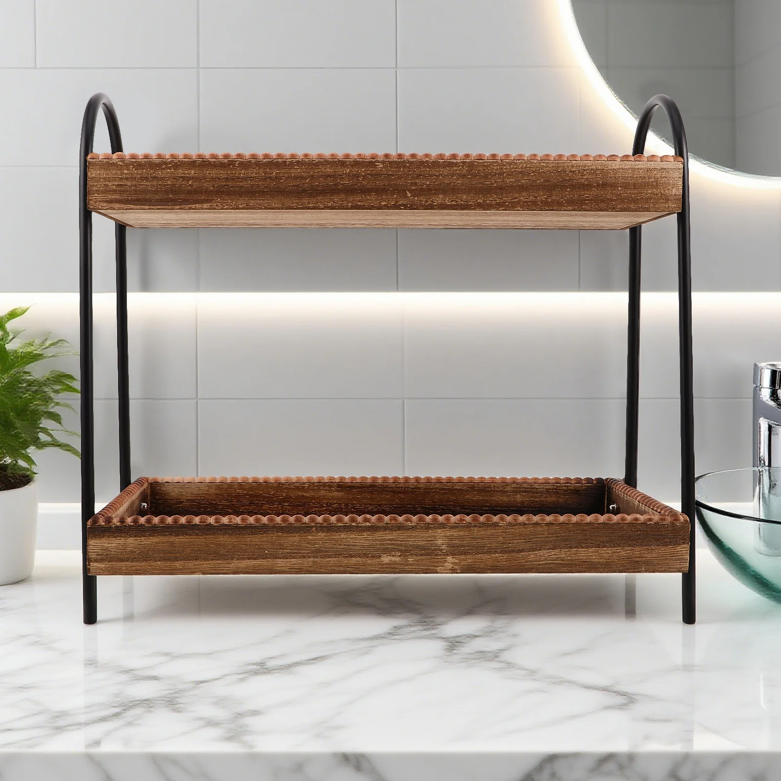 

Wooden Bathroom Countertop Organizer 2-Tier Kitchen Shelf Corner Vanity Tray for Skincare Makeup Spice Storage