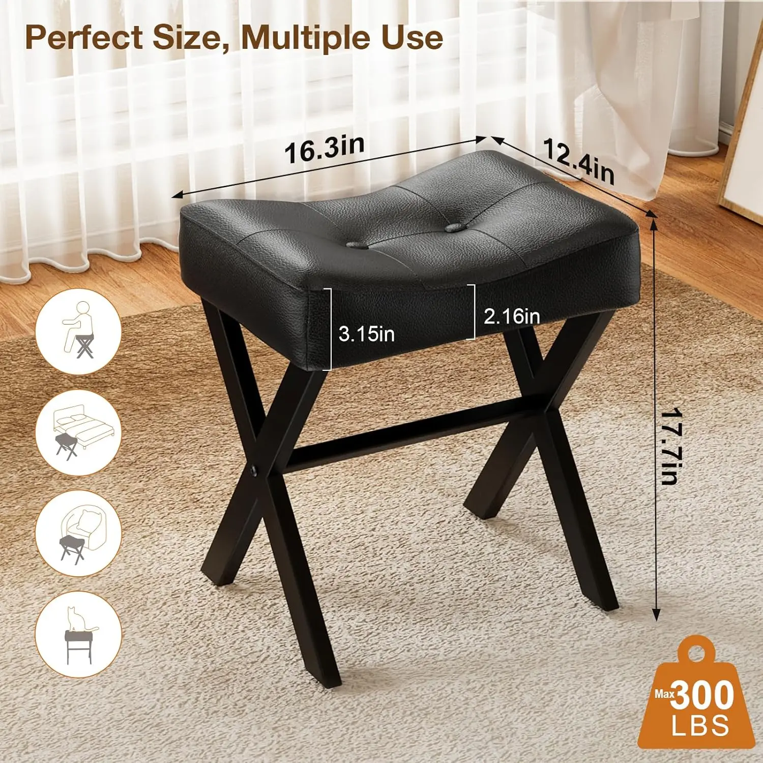 Tamborete de couro de 18 polegadas com perna em X de metal, assento acolchoado em preto - cadeira elegante com detalhes otomanos