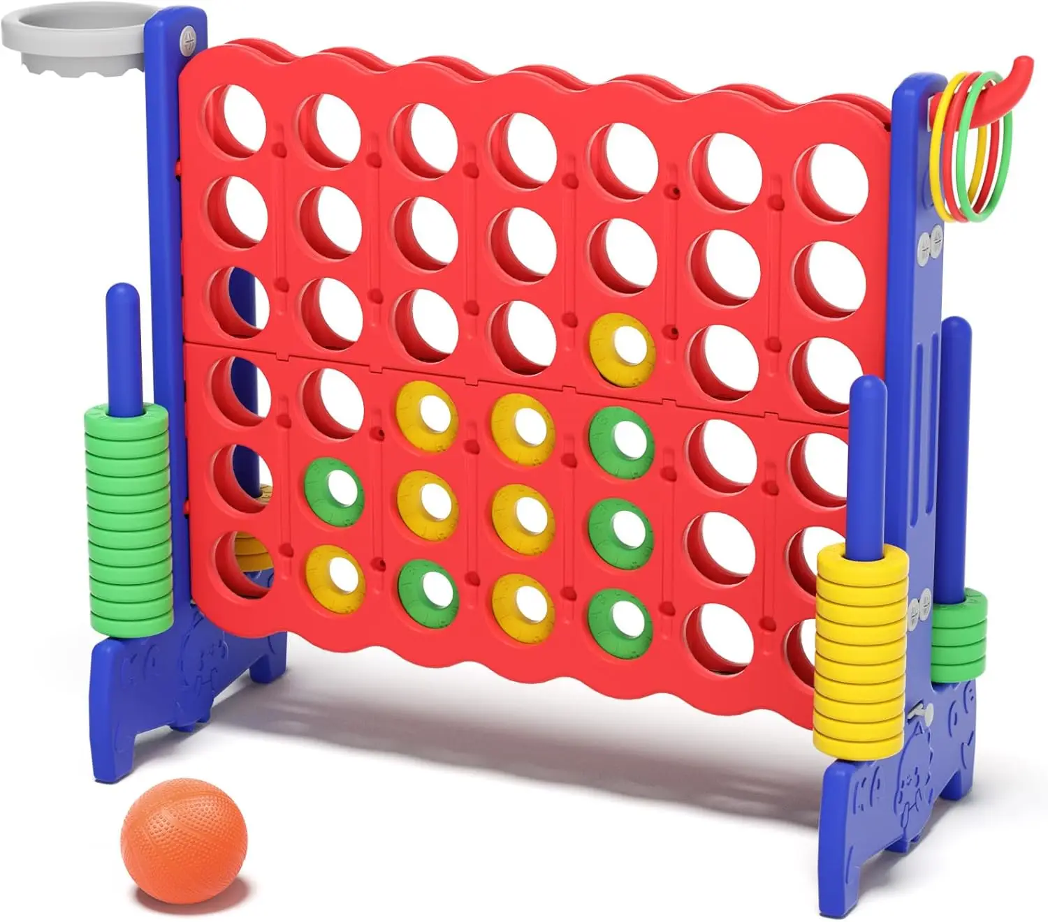 4-in-A-Row Jumbo Connect Game, 4-to-Score Game Toy Set with 42 Jumbo Rings Basketball Hoop, Ring Toss for Kids & Adults